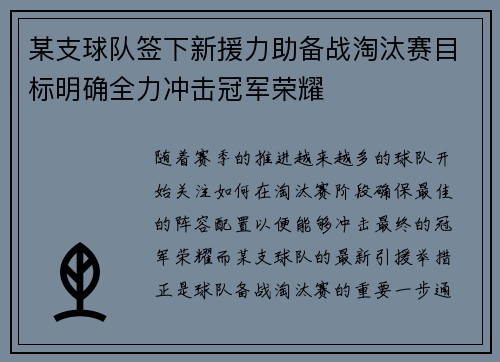 某支球队签下新援力助备战淘汰赛目标明确全力冲击冠军荣耀